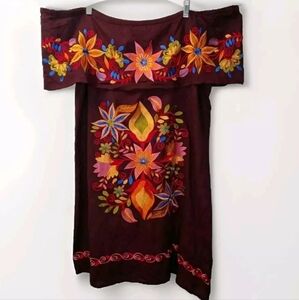 Boho Floral Embroidered Ruffle Off Shoulder Mini Dress 2X Burgundy Red Mexicano